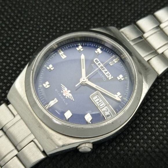 Vintage 1977 Citizen Automatic Mens Silver Watch W/daydate & Blue accents - Picture 6 of 8